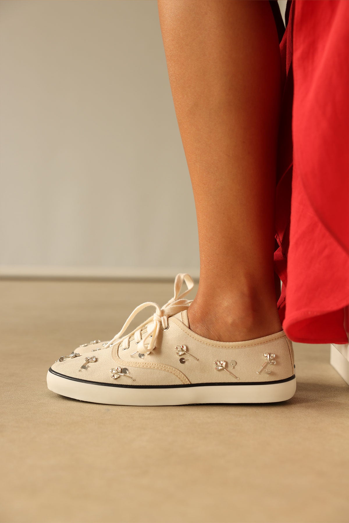 Stone-Embellished Lace-Up Beige Linen Women's Sneakers