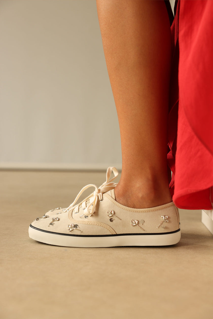 Stone-Embellished Lace-Up Beige Linen Women's Sneakers