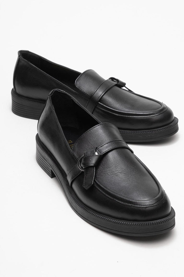 GALEA Black Leather Buckled Genuine Leather Women's Loafers
