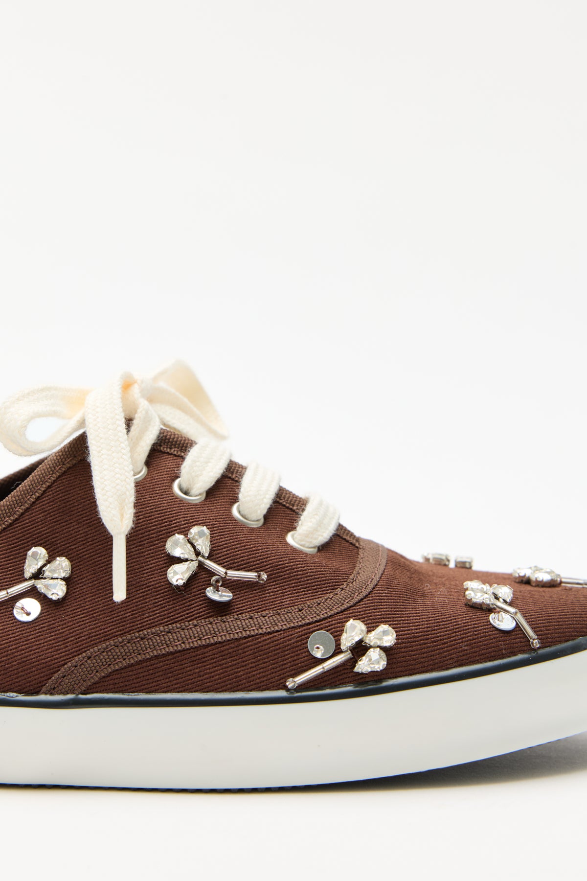 Stone-Embellished Lace-Up Bitter Brown Linen Women's Sneakers