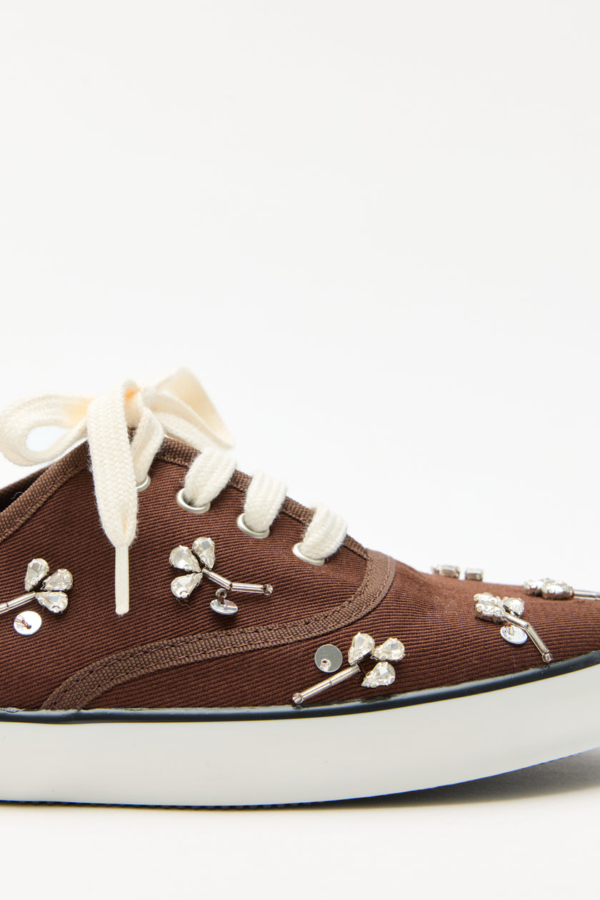 Stone-Embellished Lace-Up Bitter Brown Linen Women's Sneakers