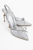 PEONY Silver Mesh Bowknot Women's Pointed Toe High Heels