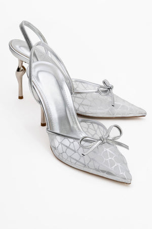 PEONY Silver Mesh Bowknot Women's Pointed Toe High Heels