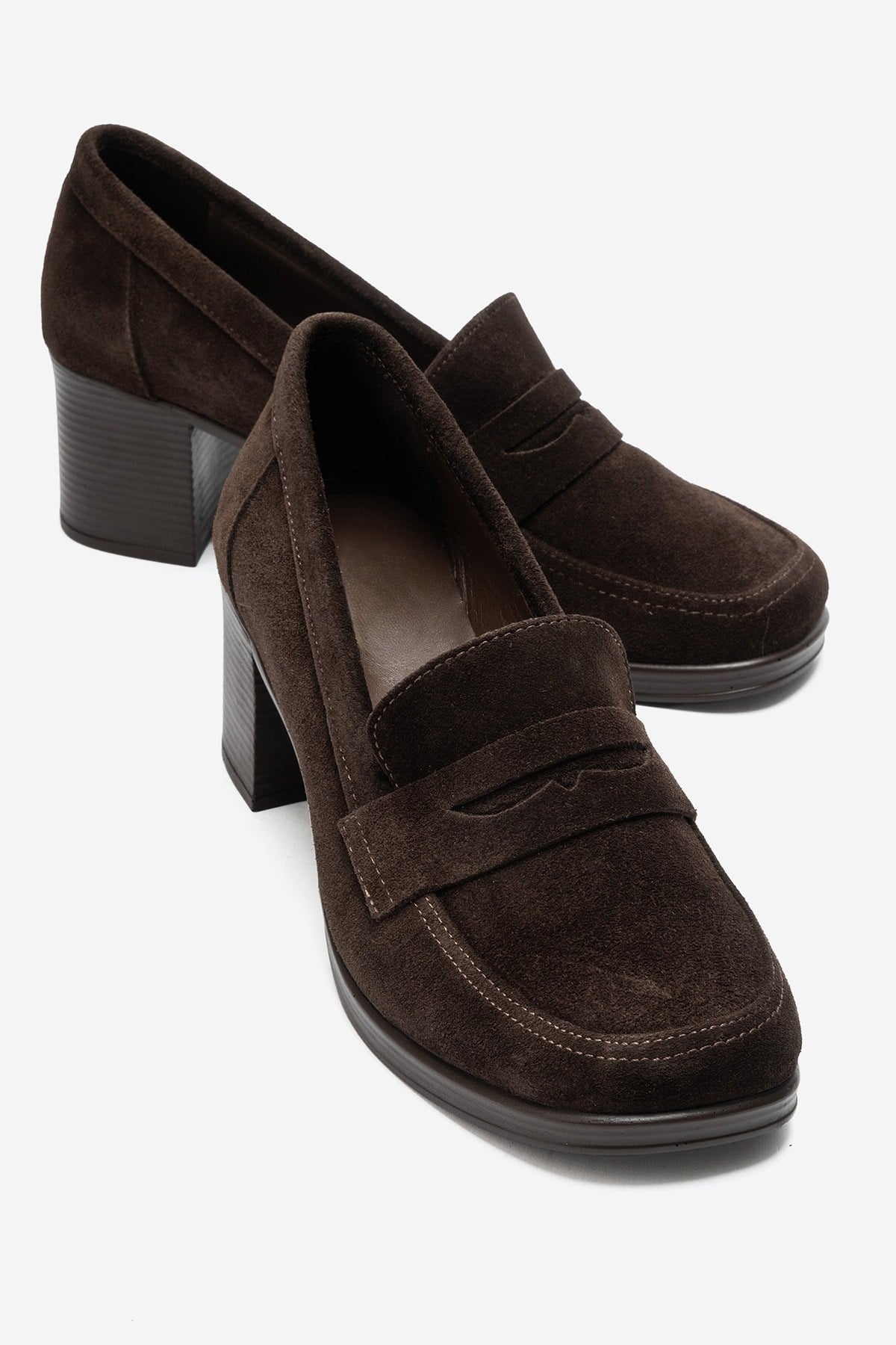 KELLYS Brown Genuine Suede Leather Chunky Heel Loafers