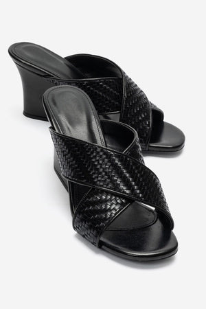 LAVEAN Black Woven Cross-Strap Wedge Mule Slipper