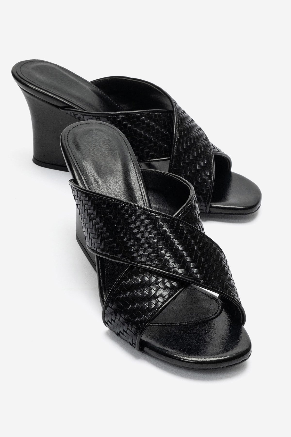 LAVEAN Black Woven Cross-Strap Wedge Mule Slipper