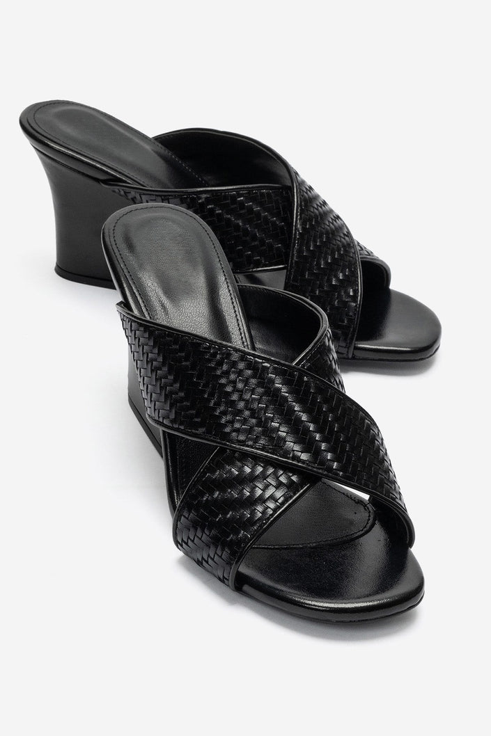 LAVEAN Black Woven Cross-Strap Wedge Mule Slipper