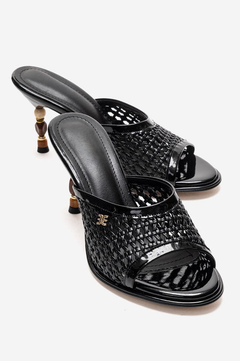 SELVIAN Black Woven Women’s Beaded Heel Mule Sandals