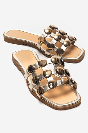 BAREON Gold Genuine Leather Slide Sandals with Gold Buckle