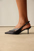 POINTED-TOE RHINESTONE EMBELLISHED BLACK SATIN WOMEN’S HEELS
