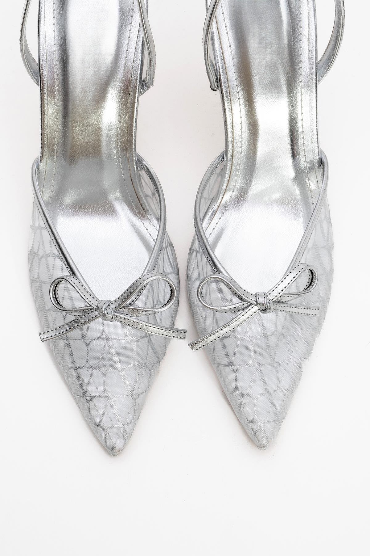 PEONY Silver Mesh Bowknot Women's Pointed Toe High Heels