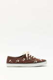 Stone-Embellished Lace-Up Bitter Brown Linen Women's Sneakers
