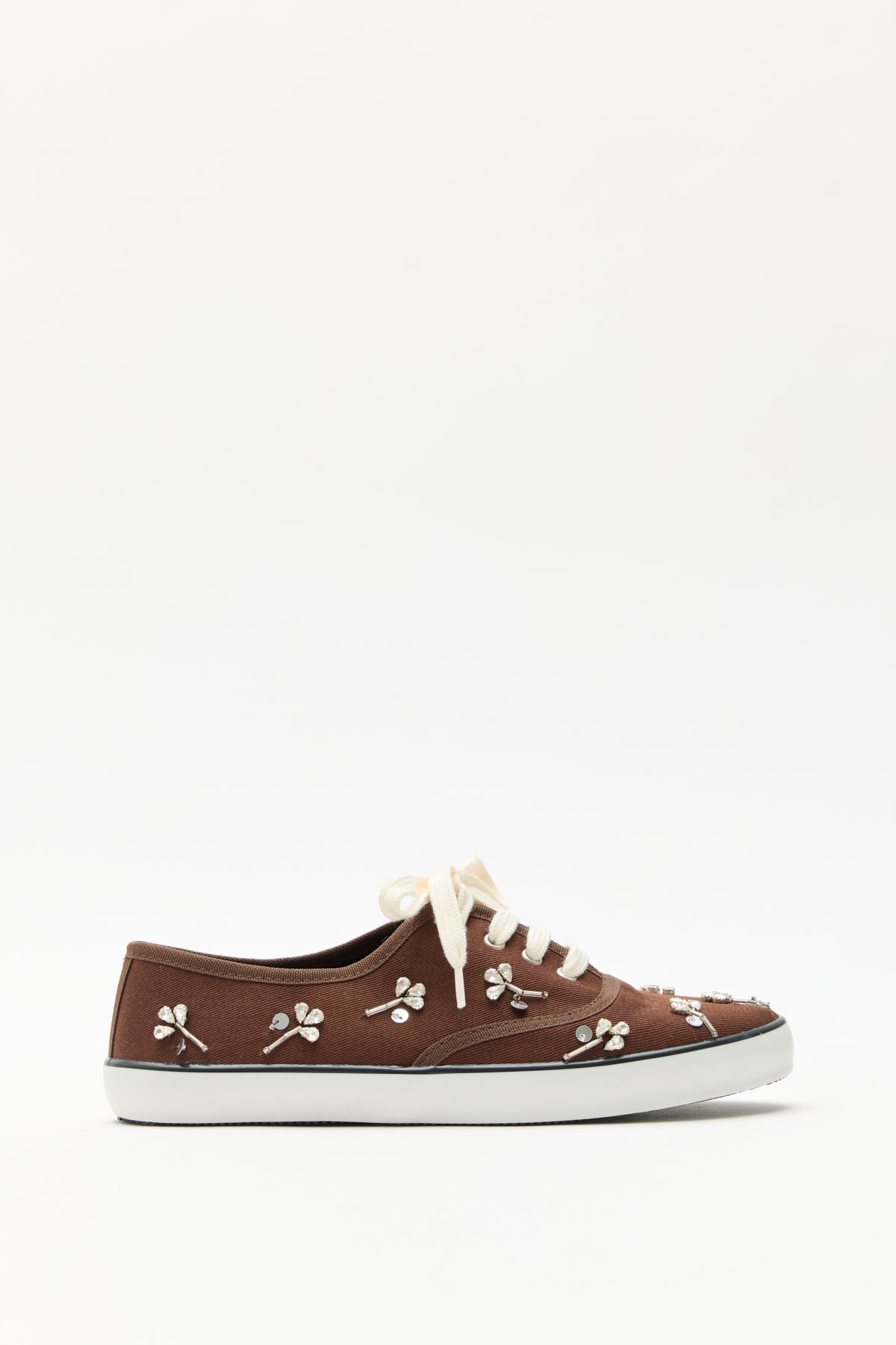 Stone-Embellished Lace-Up Bitter Brown Linen Women's Sneakers