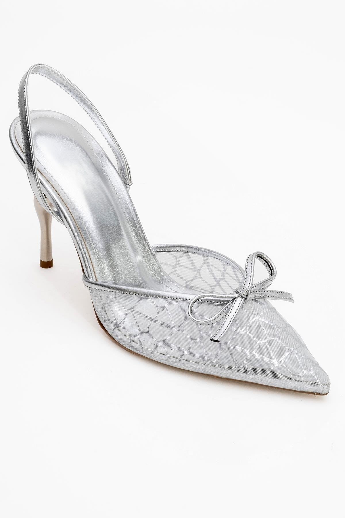 PEONY Silver Mesh Bowknot Women's Pointed Toe High Heels