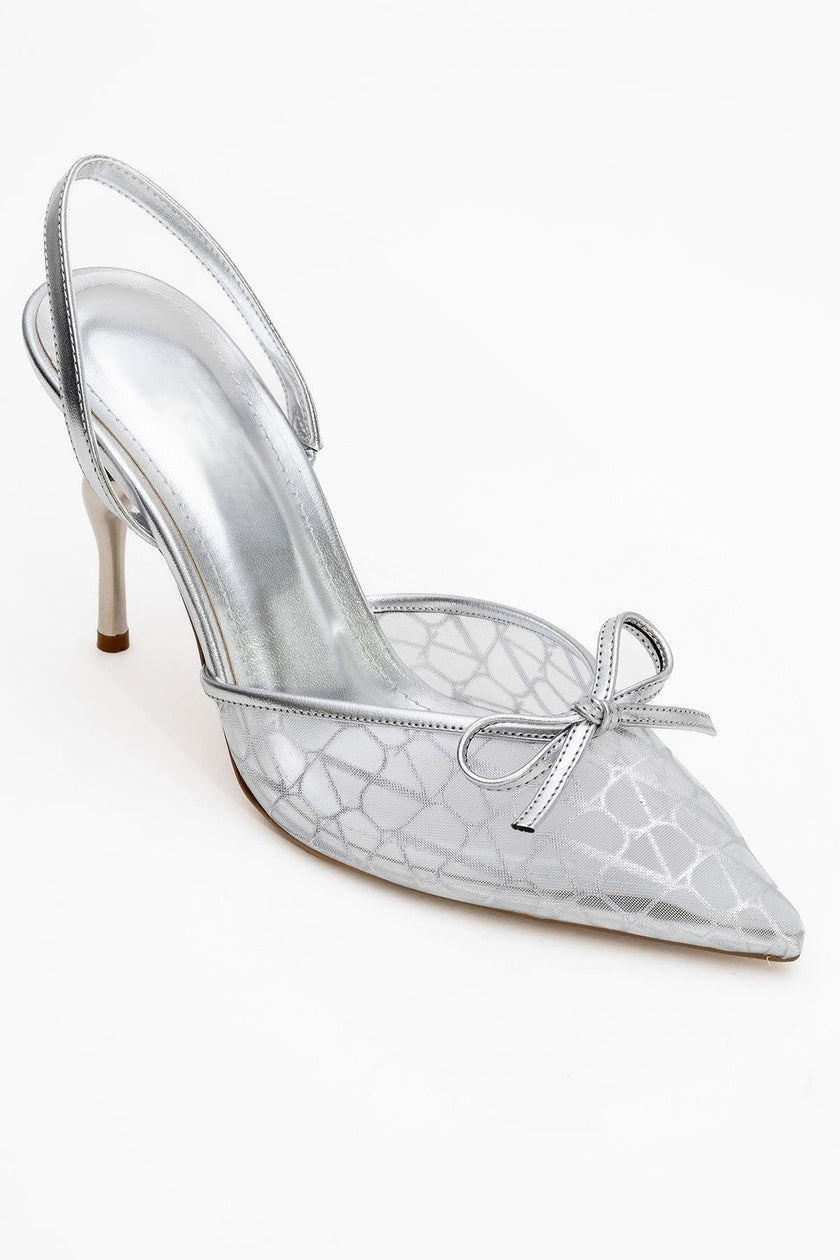 PEONY Silver Mesh Bowknot Women's Pointed Toe High Heels