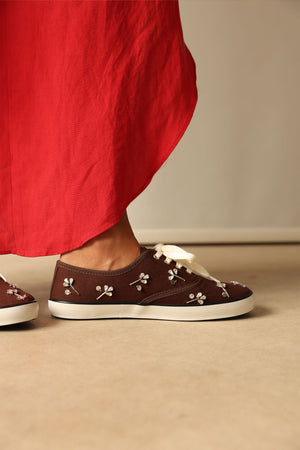 Stone-Embellished Lace-Up Bitter Brown Linen Women's Sneakers