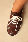 Stone-Embellished Lace-Up Bitter Brown Linen Women's Sneakers