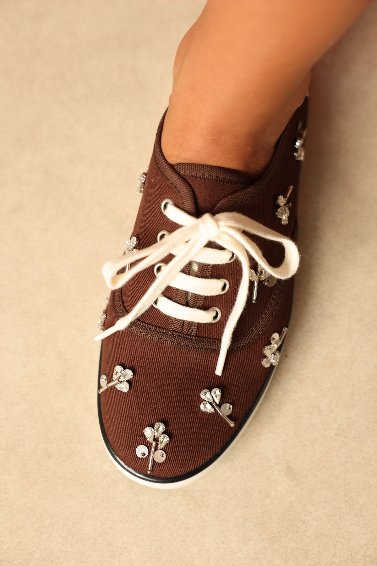 Stone-Embellished Lace-Up Bitter Brown Linen Women's Sneakers