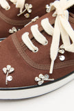 Stone-Embellished Lace-Up Bitter Brown Linen Women's Sneakers