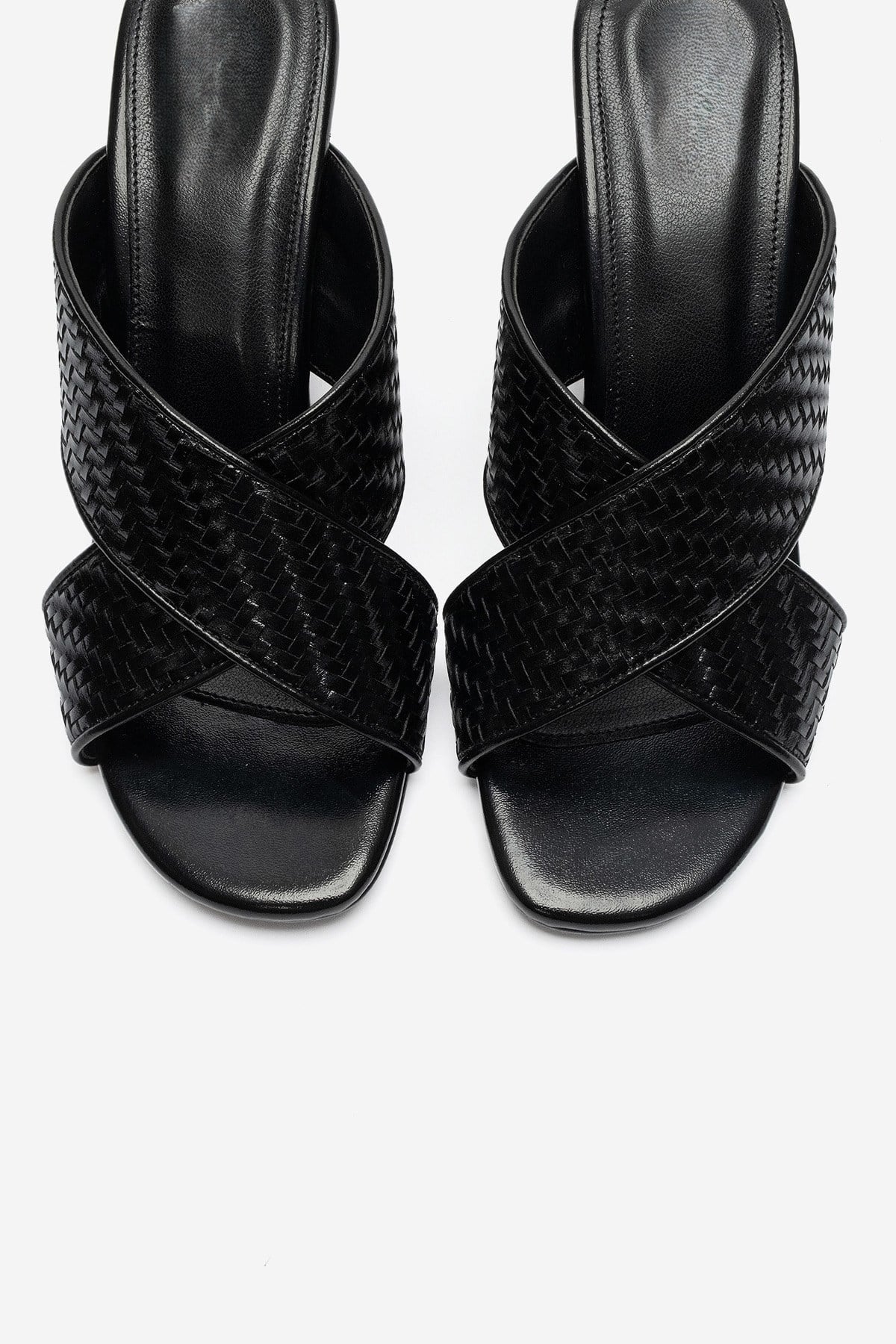 LAVEAN Black Woven Cross-Strap Wedge Mule Slipper