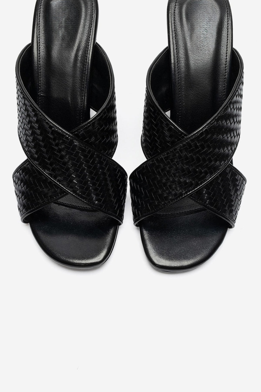 LAVEAN Black Woven Cross-Strap Wedge Mule Slipper