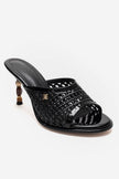 SELVIAN Black Woven Women’s Beaded Heel Mule Sandals