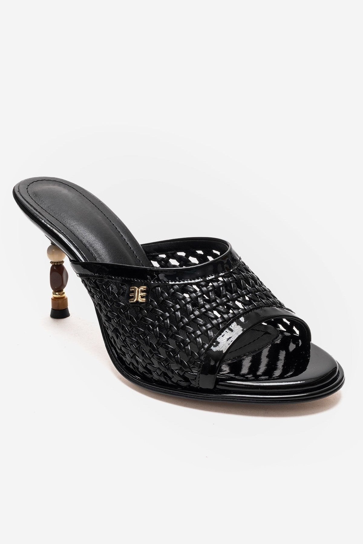 SELVIAN Black Woven Women’s Beaded Heel Mule Sandals