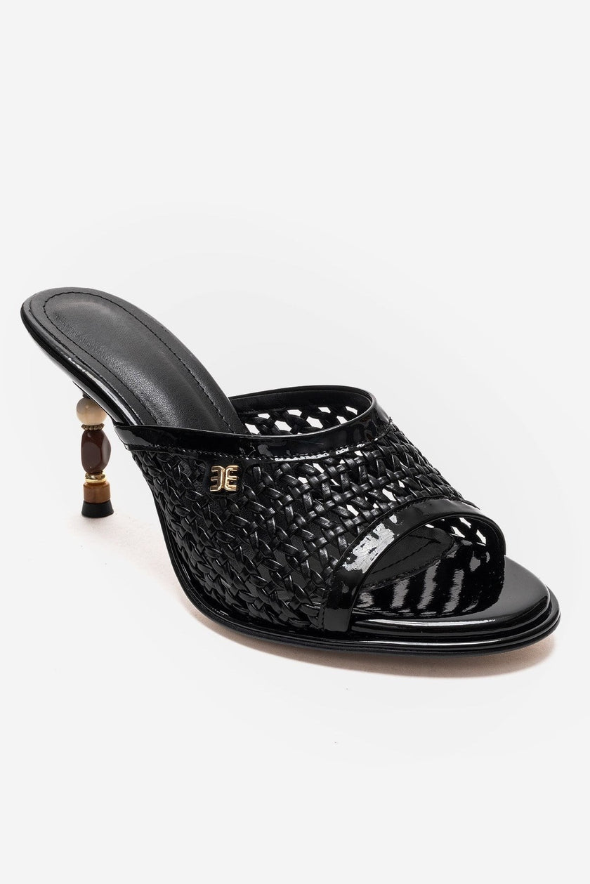 SELVIAN Black Woven Women’s Beaded Heel Mule Sandals