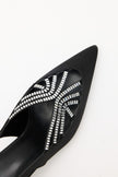 POINTED-TOE RHINESTONE EMBELLISHED BLACK SATIN WOMEN’S HEELS