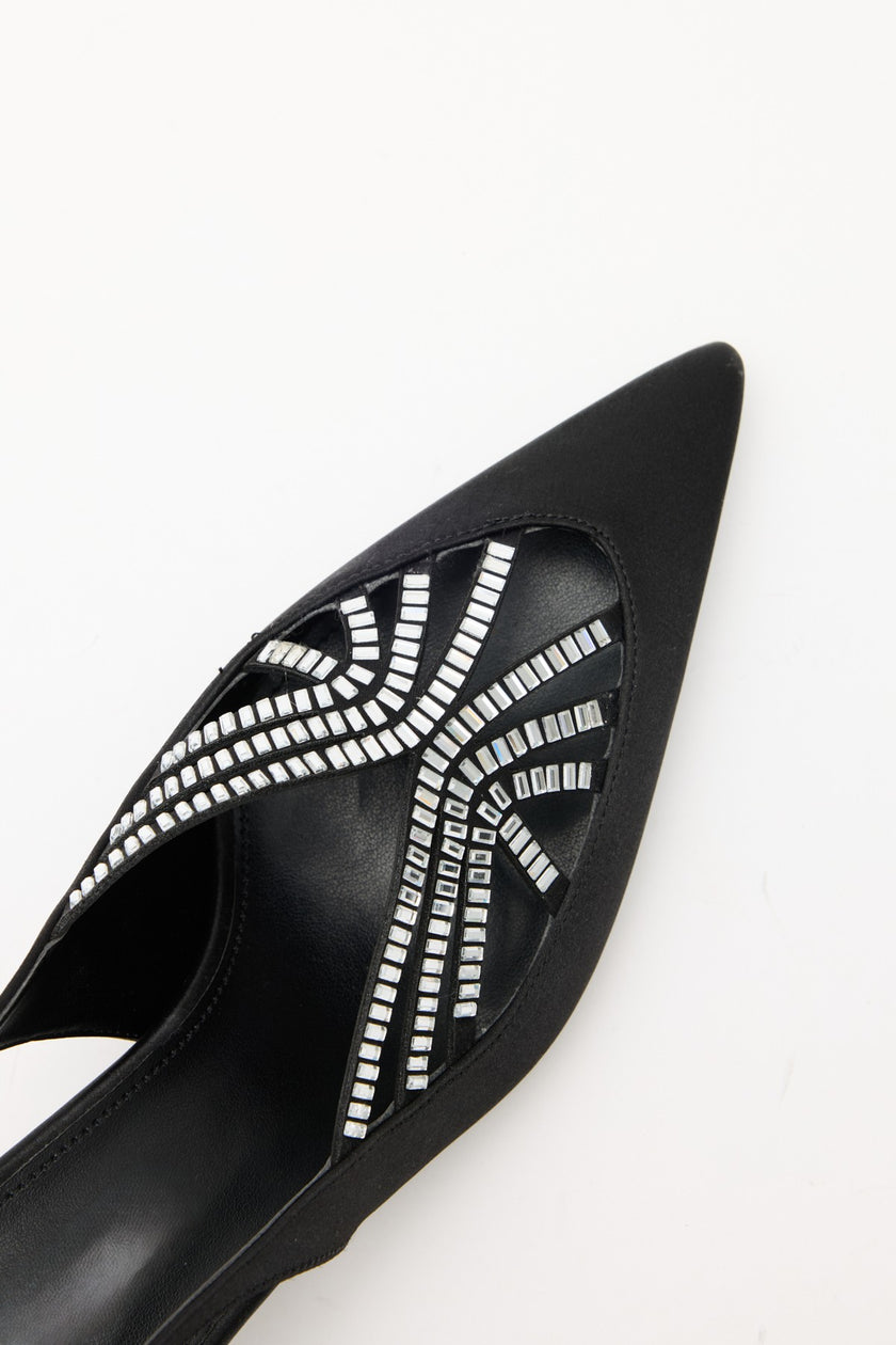 POINTED-TOE RHINESTONE EMBELLISHED BLACK SATIN WOMEN’S HEELS