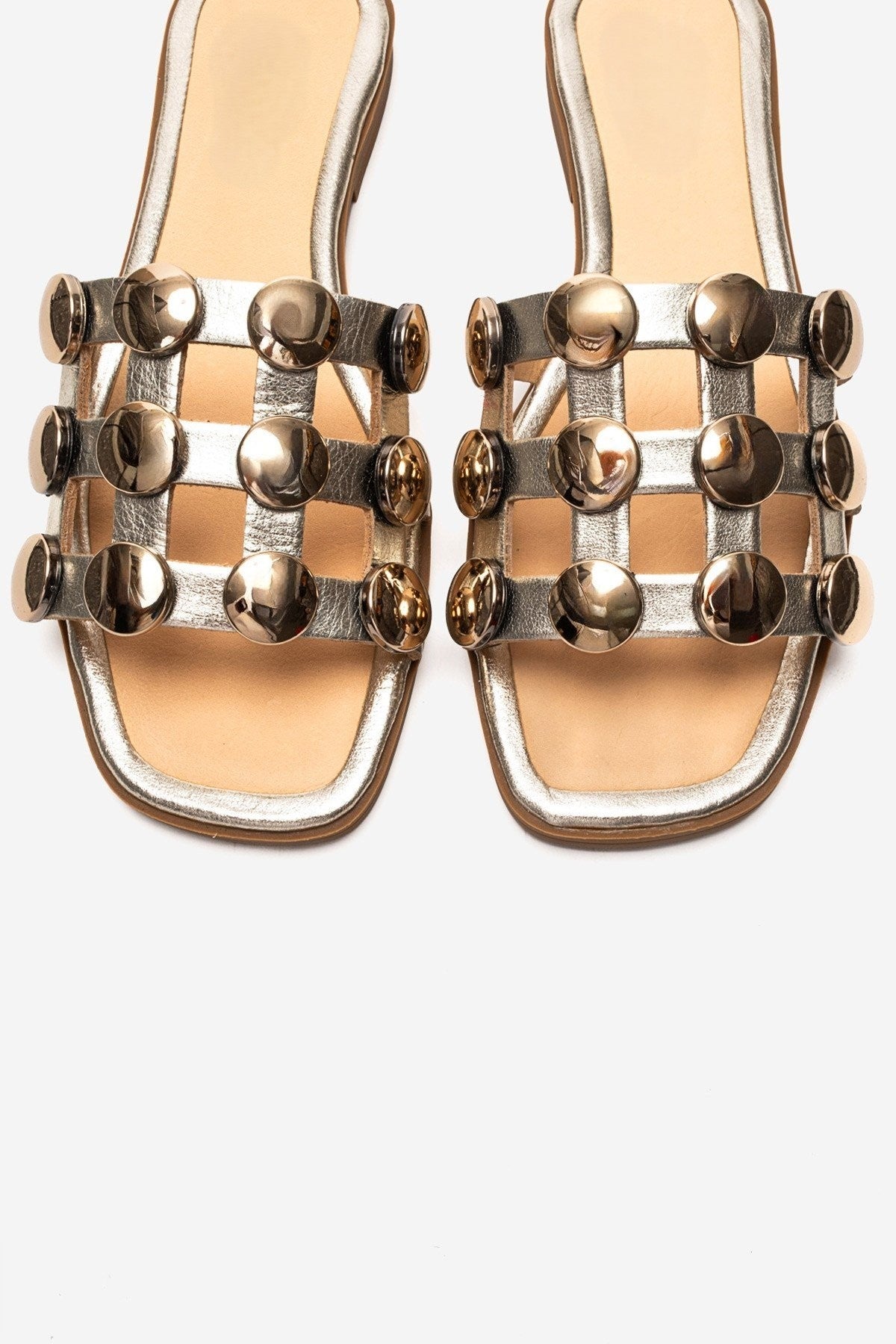 BAREON Gold Genuine Leather Slide Sandals with Gold Buckle