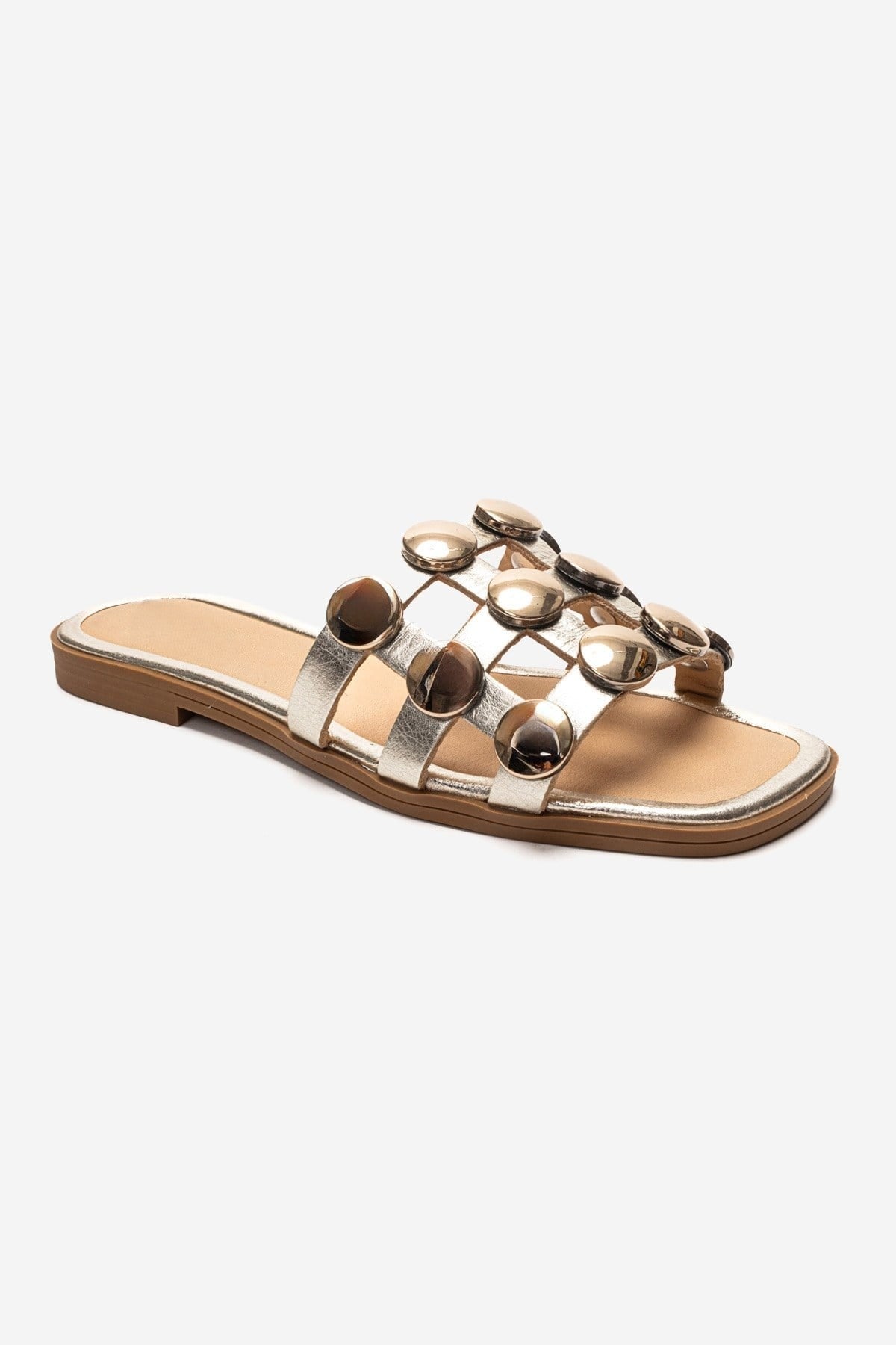 BAREON Gold Genuine Leather Slide Sandals with Gold Buckle