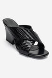 LAVEAN Black Woven Cross-Strap Wedge Mule Slipper