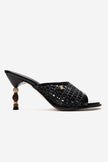 SELVIAN Black Woven Women’s Beaded Heel Mule Sandals