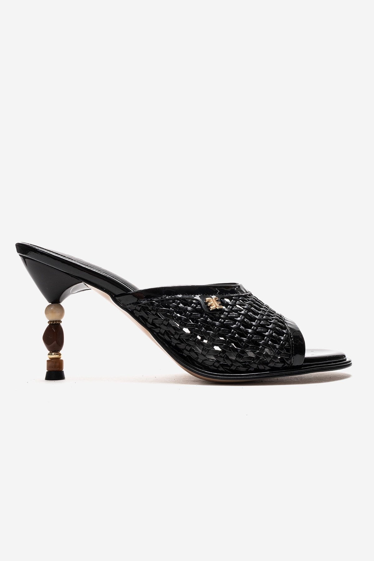 SELVIAN Black Woven Women’s Beaded Heel Mule Sandals