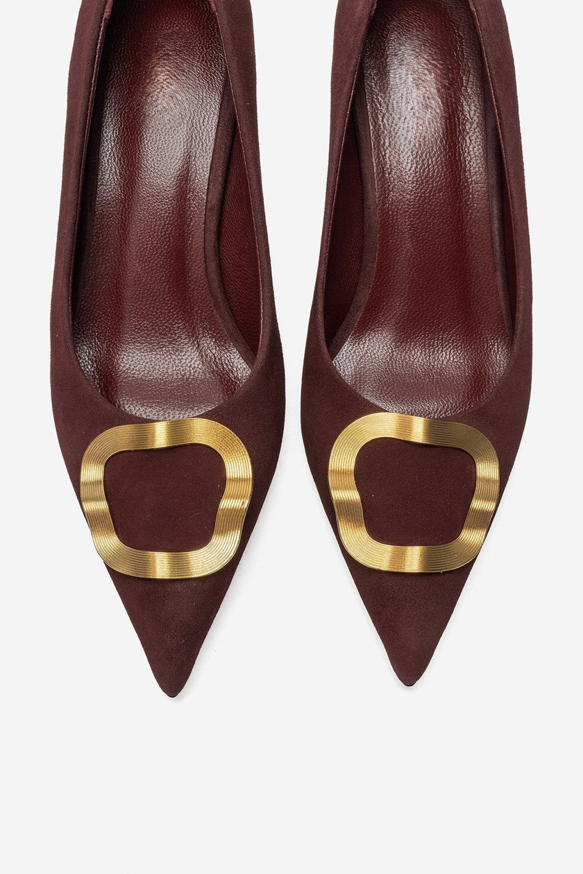 NOEMI Burgundy Genuine Suede Leather Buckle Strap Heels – 6 cm