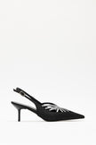 POINTED-TOE RHINESTONE EMBELLISHED BLACK SATIN WOMEN’S HEELS