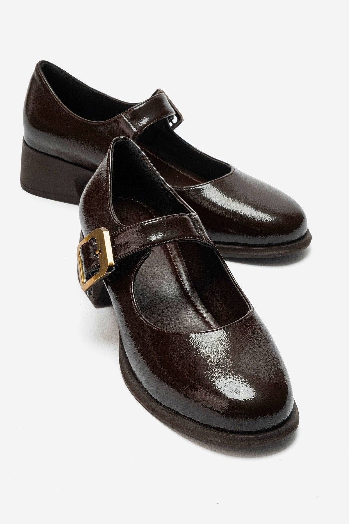 SLADE Brown Crinkled Patent Leather Chunky Heel Shoes