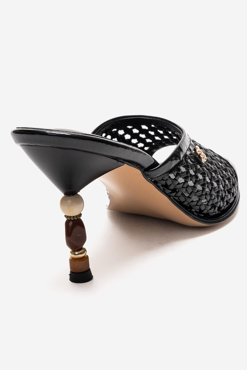 SELVIAN Black Woven Women’s Beaded Heel Mule Sandals