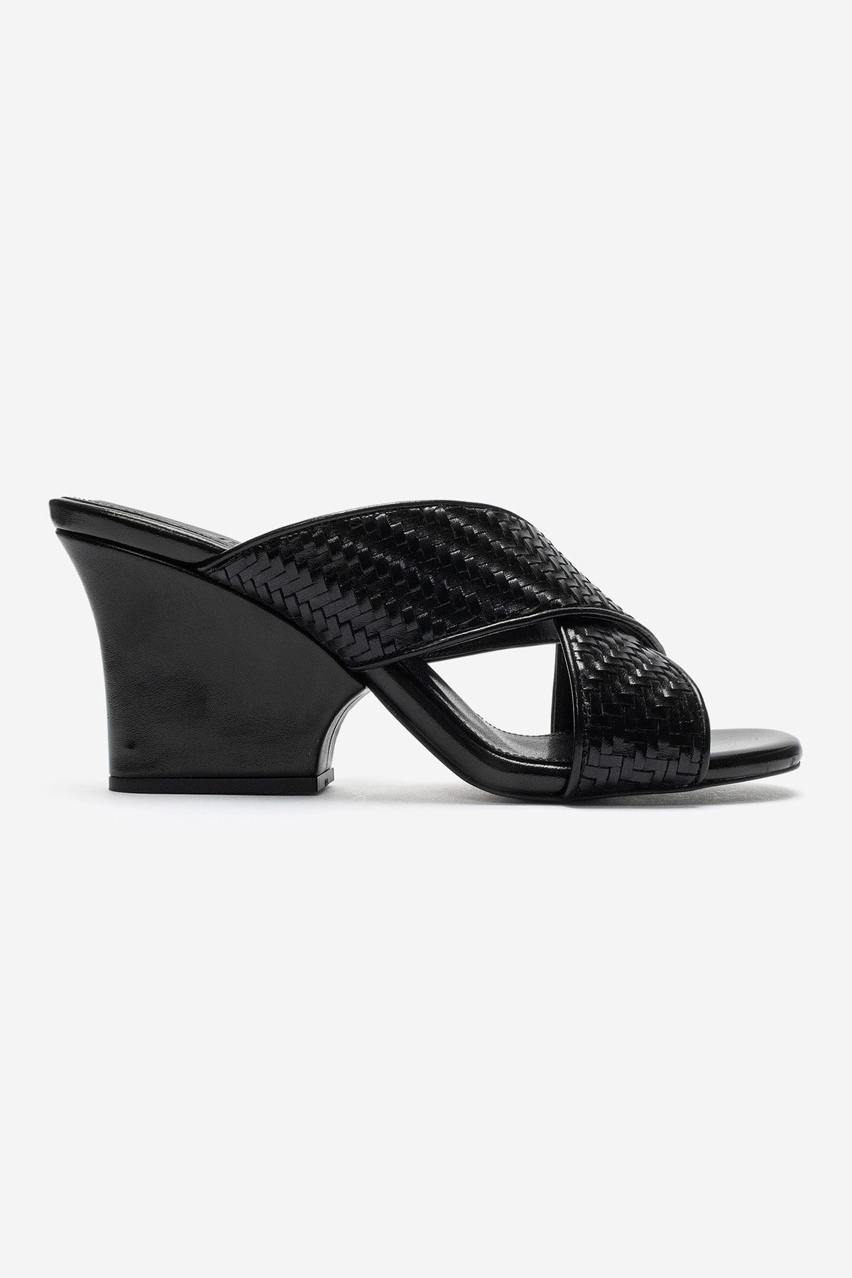 LAVEAN Black Woven Cross-Strap Wedge Mule Slipper