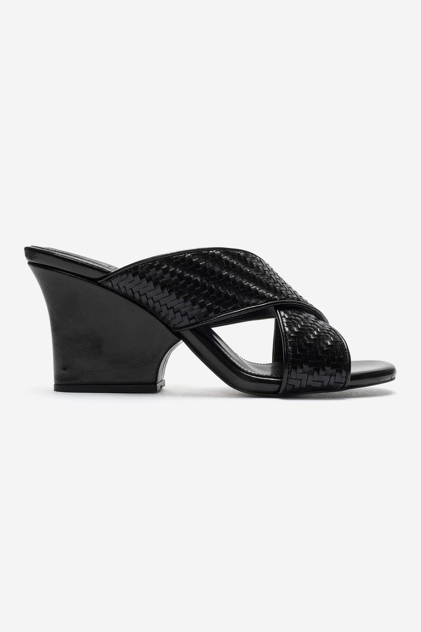 LAVEAN Black Woven Cross-Strap Wedge Mule Slipper