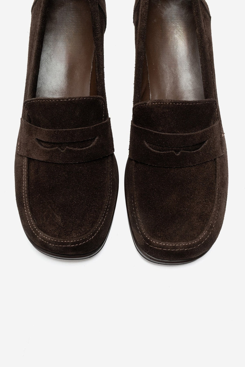 KELLYS Brown Genuine Suede Leather Chunky Heel Loafers