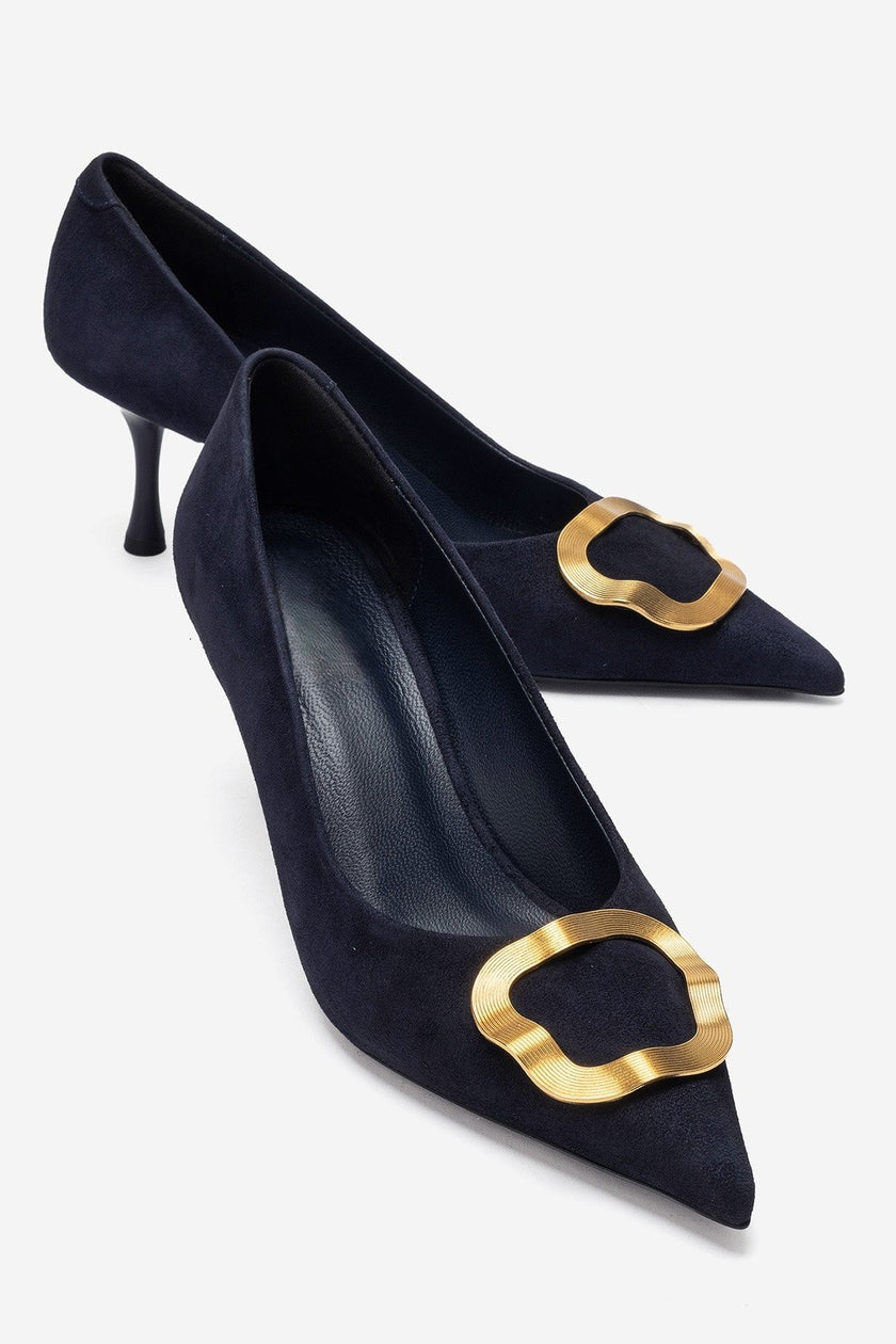 NOEMI Navy Blue Genuine Suede Leather Buckle Strap Heels – 6 cm