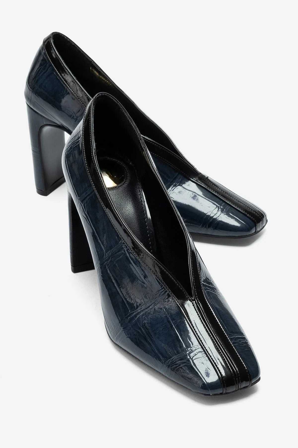 NORE Navy Blue Embossed Block Heel Shoes – 9 cm Heels