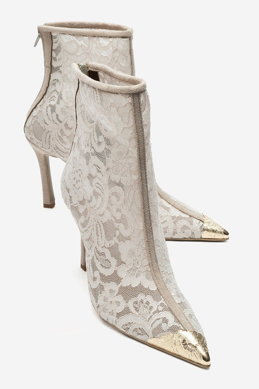 CLIFF Ivory Lace Detail Ankle Boots with Gold-Tone Toe and Transparent Heels