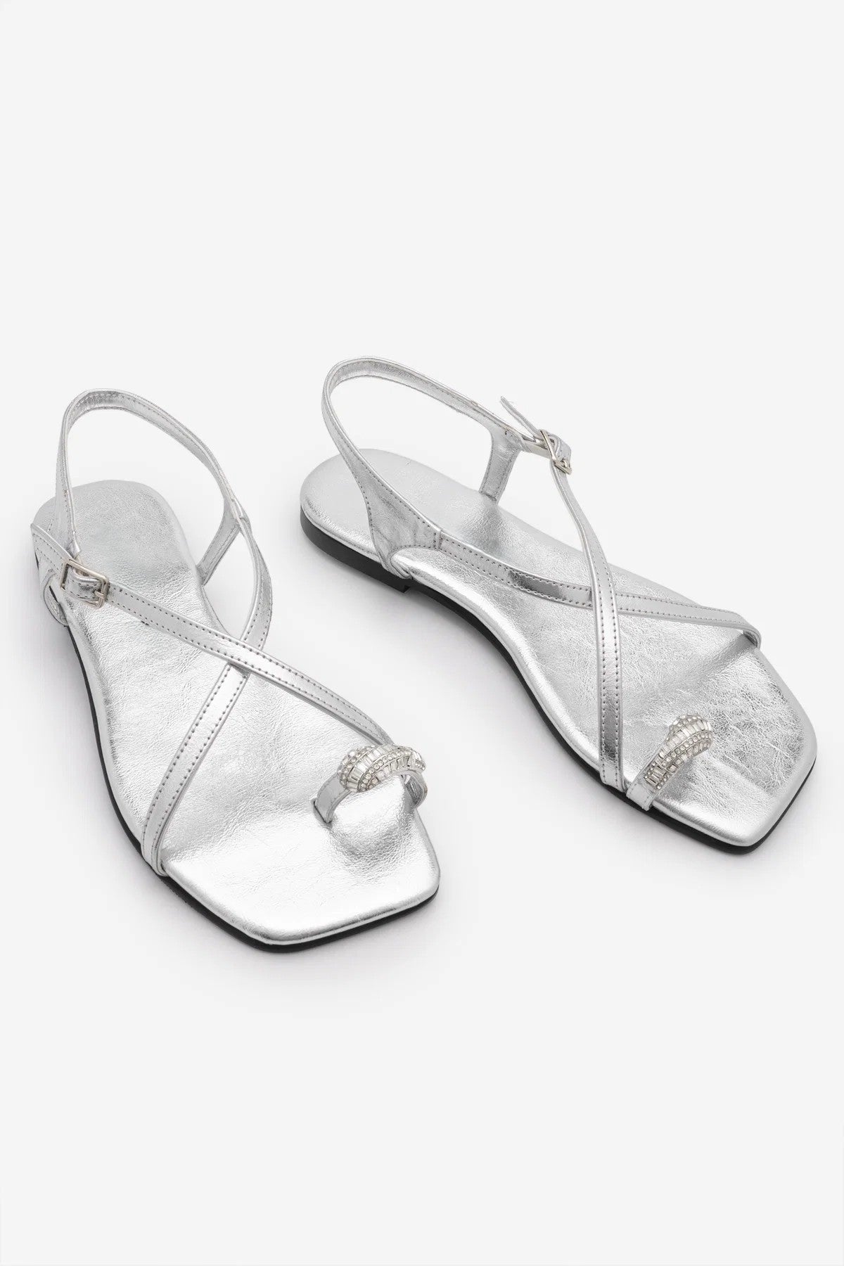 ZAREV Silver Embellished Toe-Post Women's Casual Flat Sandals