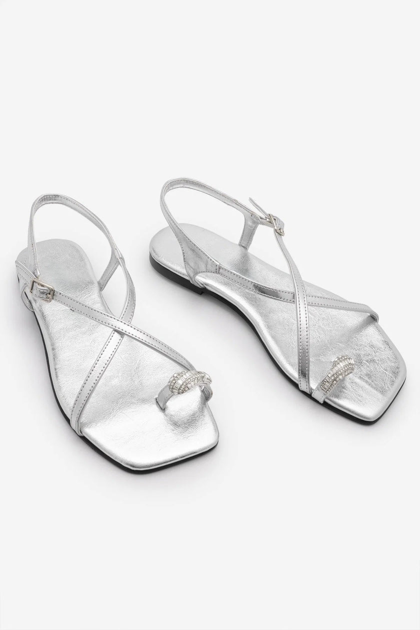 ZAREV Silver Embellished Toe-Post Women's Casual Flat Sandals