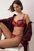 Dark Cherry Mesh Ruffle/Flutter Polka Dot Unlined Lingerie Set