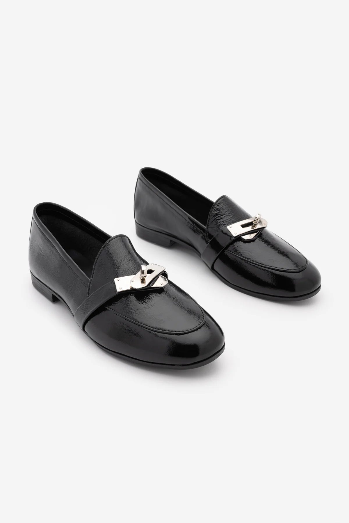 NADOR Black Patent Genuine Leather Buckle Women's Loafers