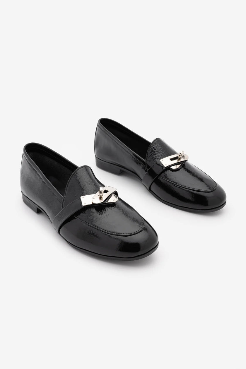 NADOR Black Patent Genuine Leather Buckle Women's Loafers